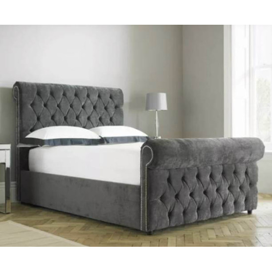 Bedz4u Verona fabric sleigh bed with scrolled tufted headboard and footboard
