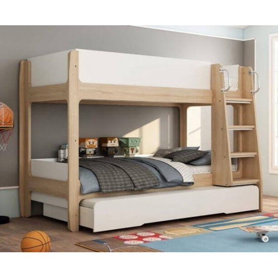 Abbey Modern White and Oak Finished Bunk with Trundle Guest Bed | Bunk Beds (by Bedz4u.co.uk)
