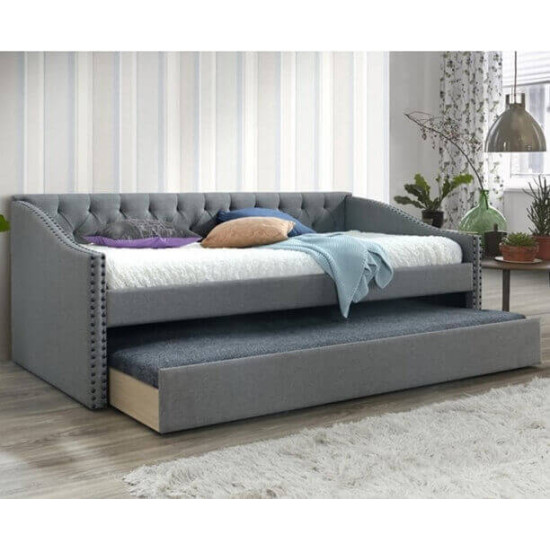 Artisan Beds Canterbury grey linen Chesterfield day bed trundle guest bed with tufted headboard
