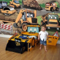 Kidsaw digger bed including a boy standing next to a skip toybox and digger wallpaper