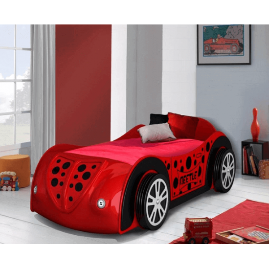 Red Beetle Kids Car Bed with LED Lights and 3D Alloy Wheels | Kids Beds (by Bedz4u.co.uk)