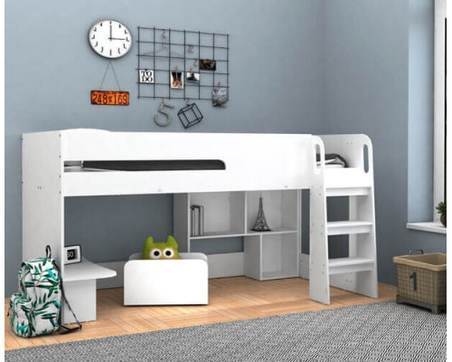 Kudl White Mid Sleeper with Desk and Bookcase with Toybox