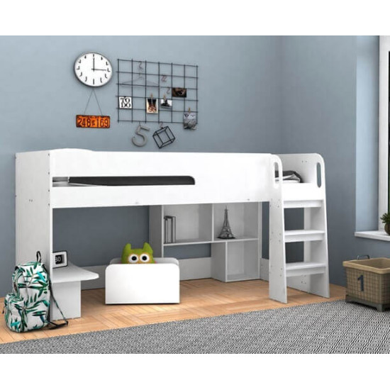 Kudl White Mid Sleeper with Desk and Bookcase with Toybox | Kidsaw Bedroom Range (by Bedz4u.co.uk)