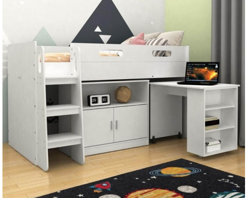 Kudl White Mid Sleeper Storage Bed with Desk and Cupboard