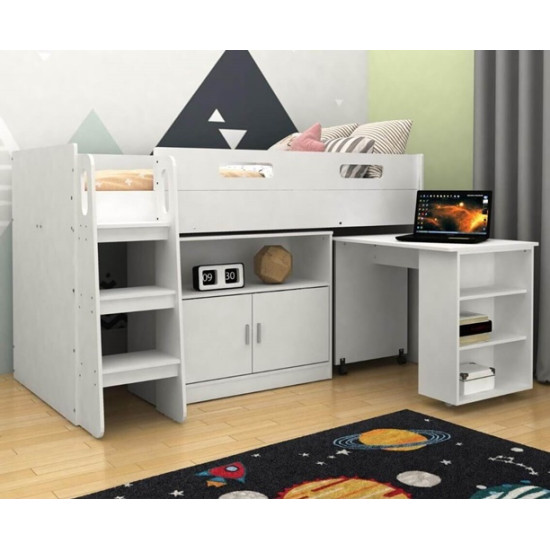 Kudl White Mid Sleeper Storage Bed with Desk and Cupboard | Bunk Beds (by Bedz4u.co.uk)