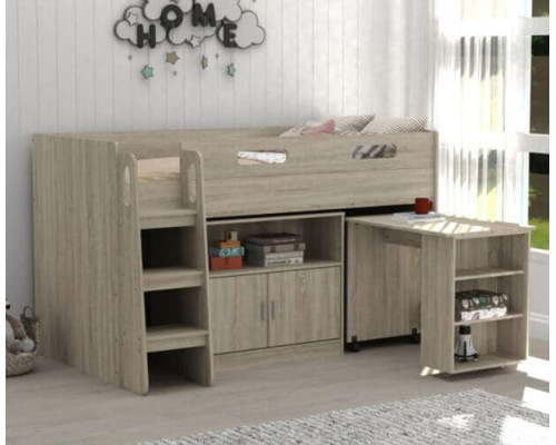 Kudl Oak Mid Sleeper Storage Bed with Desk and Cupboard 
