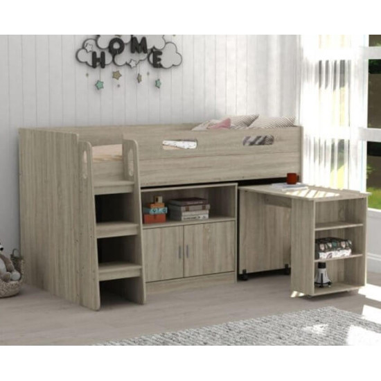 Kidsaw KUDL oak mid sleeper with desk, bookcase and cupboard