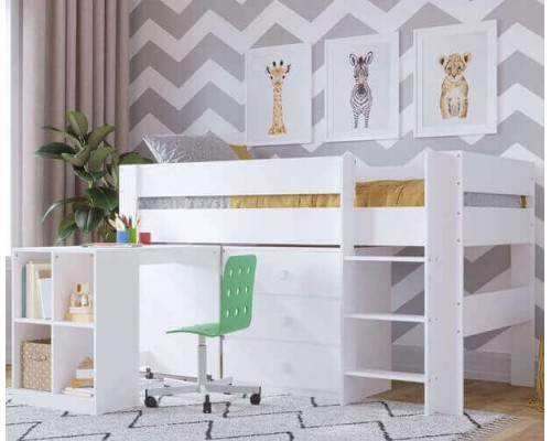Kidsaw Kudl White Mid Sleeper with Desk and Cupboard