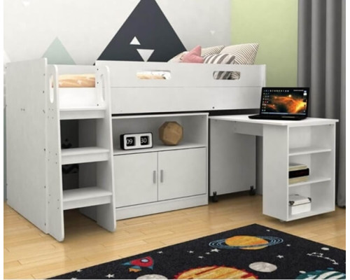 Kudl White Mid Sleeper Storage Bed with Desk and Cupboard