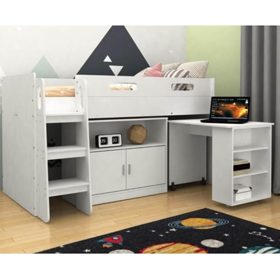 Kidsaw KUDL white mid sleeper with desk, bookcase and cupboard