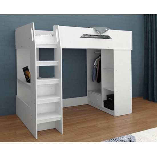 Kidsaw KUDL white wood high sleeper with shelves, drawer and coat hanger
