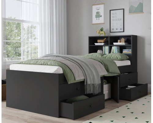 Kidsaw Black Multi Drawer Cabin Bed with Bookcase Headboard  