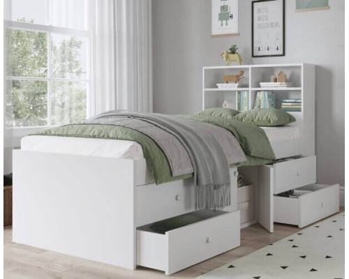 Kidsaw White Multi Drawer Cabin Bed with Bookcase Headboard 