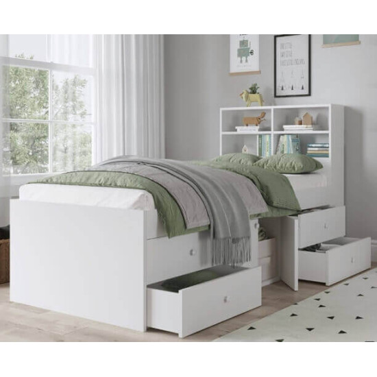 Kidsaw white multi drawer single cabin bed with bookcase and headboard