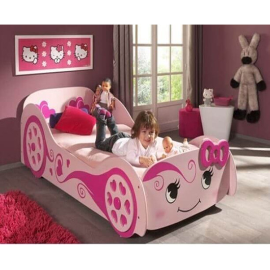 Girls' pink racing car Love bed with a smiley face detail