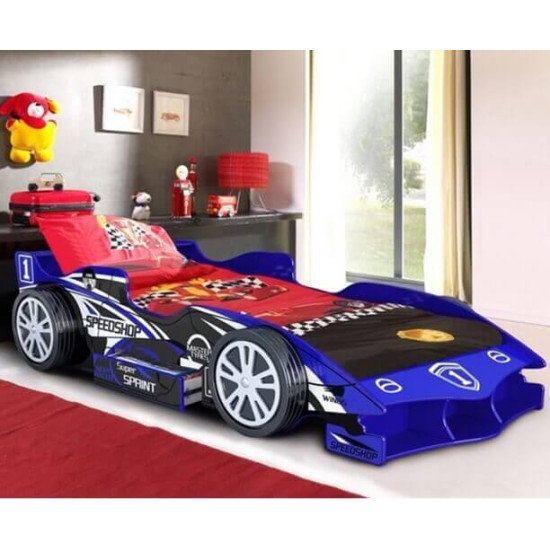 Blue speed racer novelty car bed with a built-in storage drawer The Artisan Bed Company Blue Speed Racer novelty car bed with built-in storage drawer