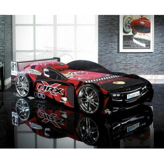 Kids Black MRX Racing Car Themed Bed Frame The Artisan Bed Company Kids black MRX racing car bed with realistic alloy wheels