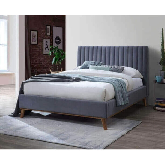 Sophisticated Dark Grey Fabric & Wooden Bed Frame Time Living Albany dark grey fabric bed frame with panelled headboard and wooden legs