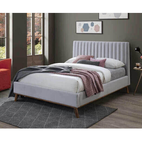 Time Living Albany light grey fabric bed frame with panelled headboard and wooden legs