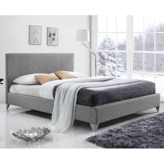Time Living Brooklyn light grey fabric bed frame with diamond tufted headboard and chrome feet  