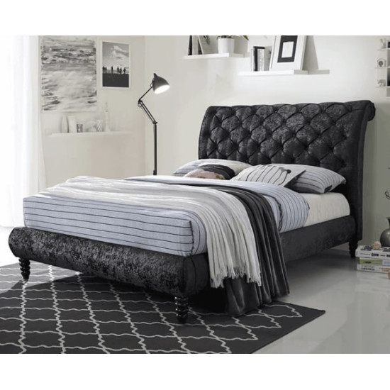 Time Living Venice black crushed velvet bed frame with scrolled tufted headboard  