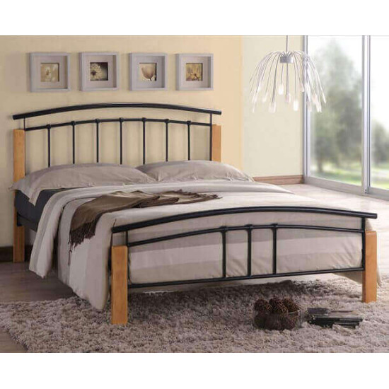 Modern Beech & Black Metal Bed Frame for Stylish Bedrooms Time Living Tetras beech wood and black metal bed frame