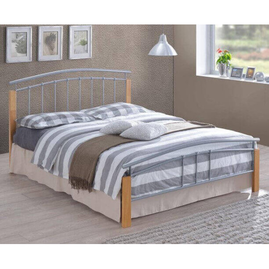 Stylish Beech & Silver Metal Bed Frame for Modern Bedrooms Time Living Tetras beech wood and silver metal bed frame